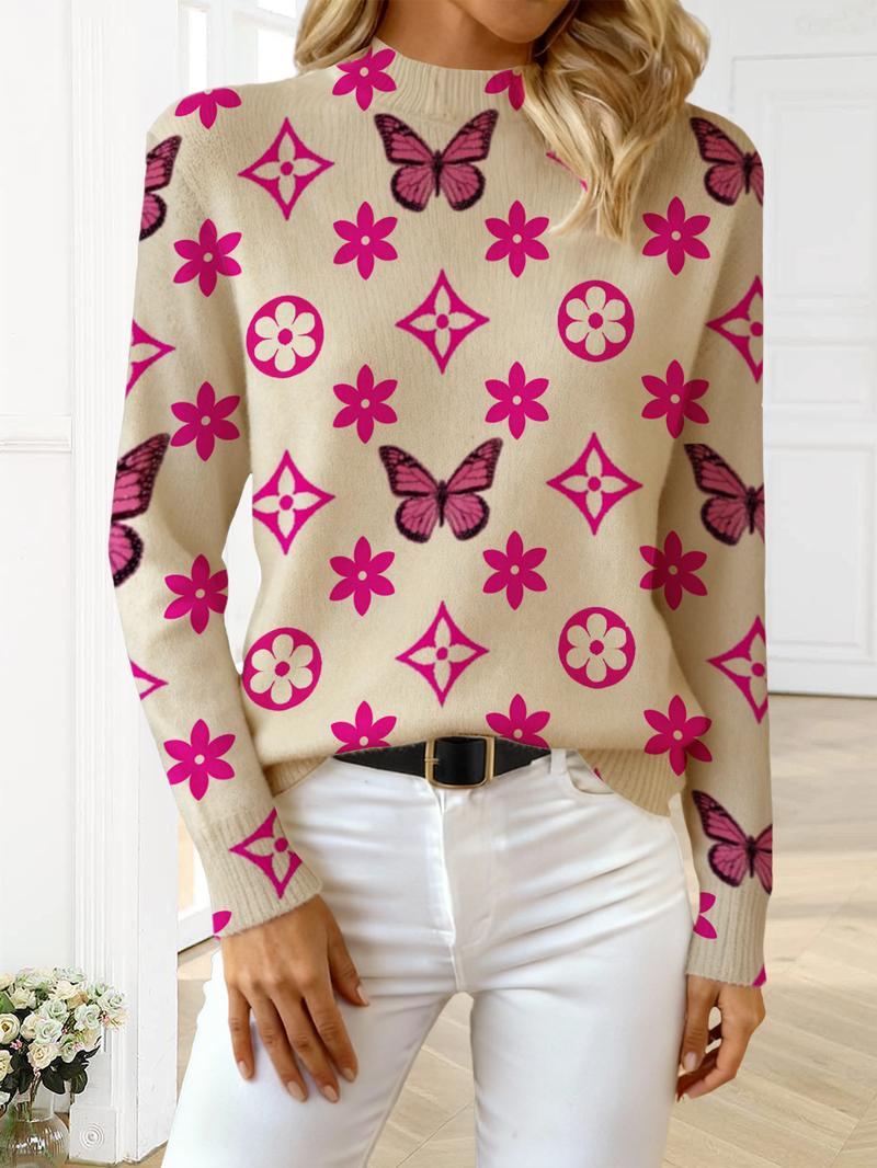 Women's Butterfly Geometric Pattern Knit Sweater, Casual Long Sleeve Top for Fall & Winter, Comfortable and Warm Daily Wear
