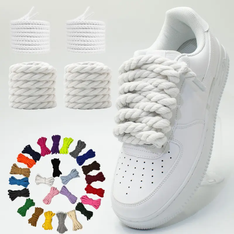Hand-Woven Hemp-Polyester Rope Shoelaces, 2 Pairs Round Thick Shoe Accessories, 8mm/5mm Thickness, Laces for Sneakers