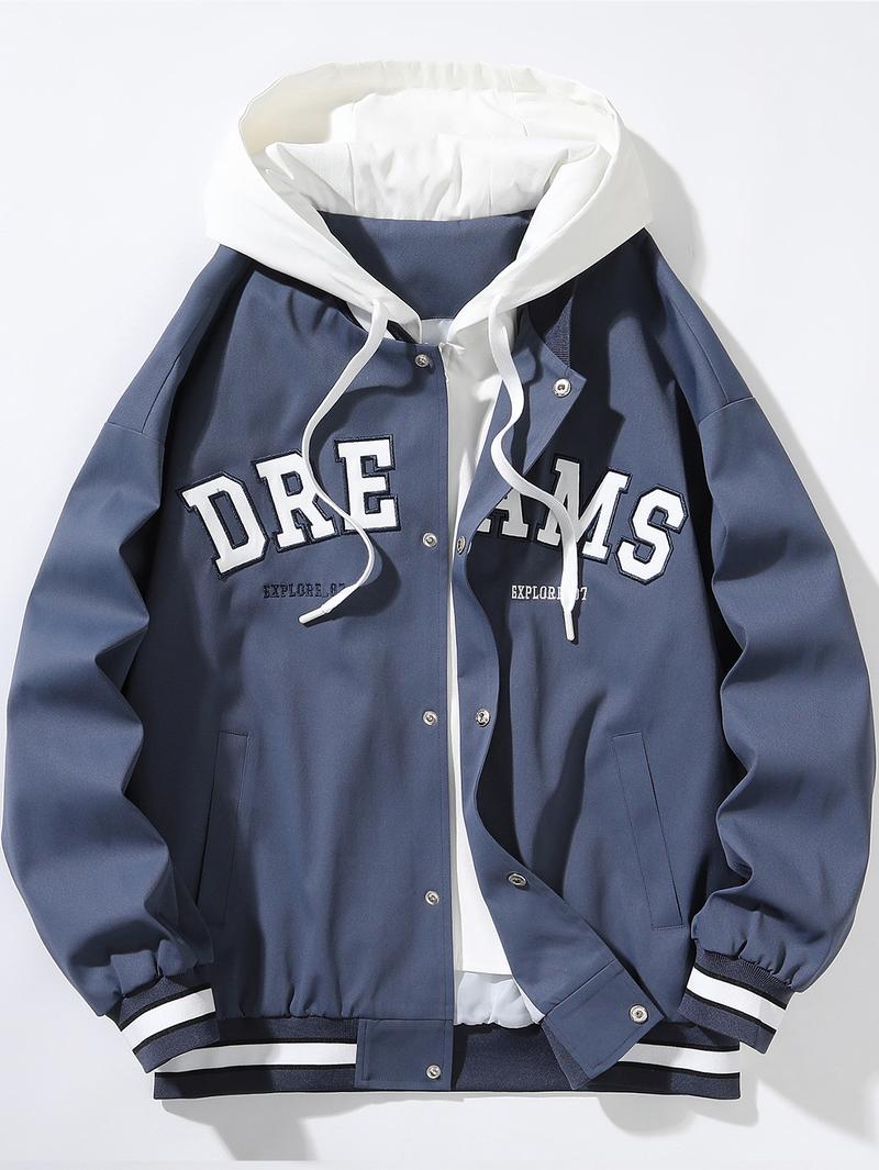 Men's Jacket Spring Autumn Winter Casual Trendy Couple Style Loose Fake Two-Piece Hooded Coat varsity Black Long Sleeve