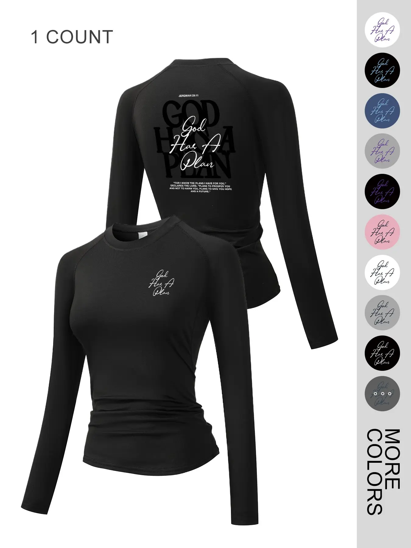 'god Has a Plan' Graphic Print Women's Tight Long Sleeve Sporty Top, Round Neck Quick-Dry Breathable Stretch Yoga Running Fitness Training Shirt