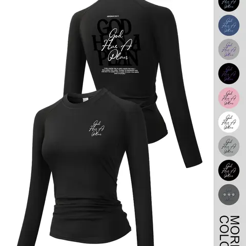 'god Has a Plan' Graphic Print Women's Tight Long Sleeve Sporty Top, Activewear Tops, Round Neck Quick-Dry Breathable Stretch Yoga Running Fitness Training Shirt