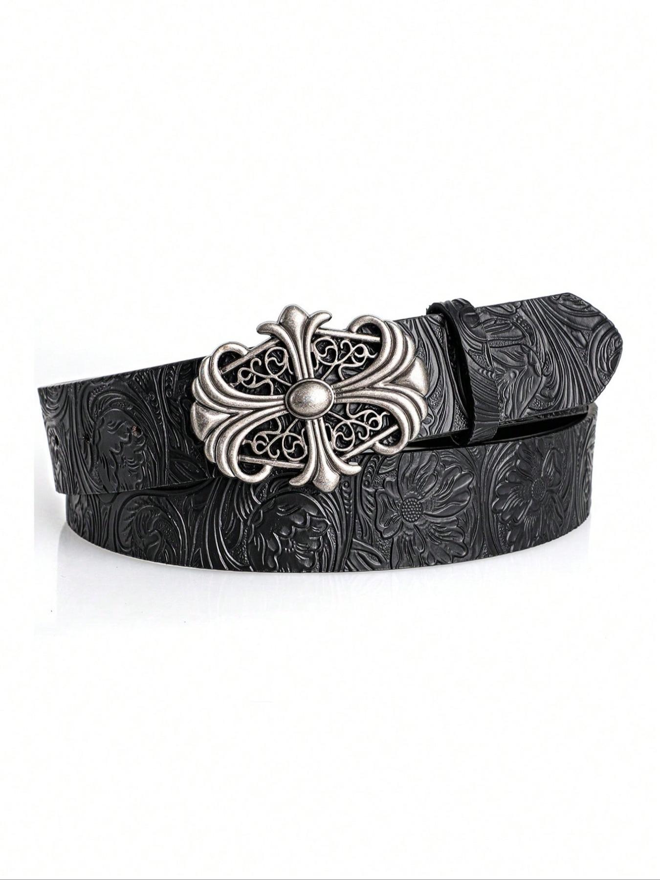 1pc Boho-Chic Faux Leather Belt with Vintage Oval Hollow Buckle, Stylish Accessory for Jeans Dresses & Casual Wear