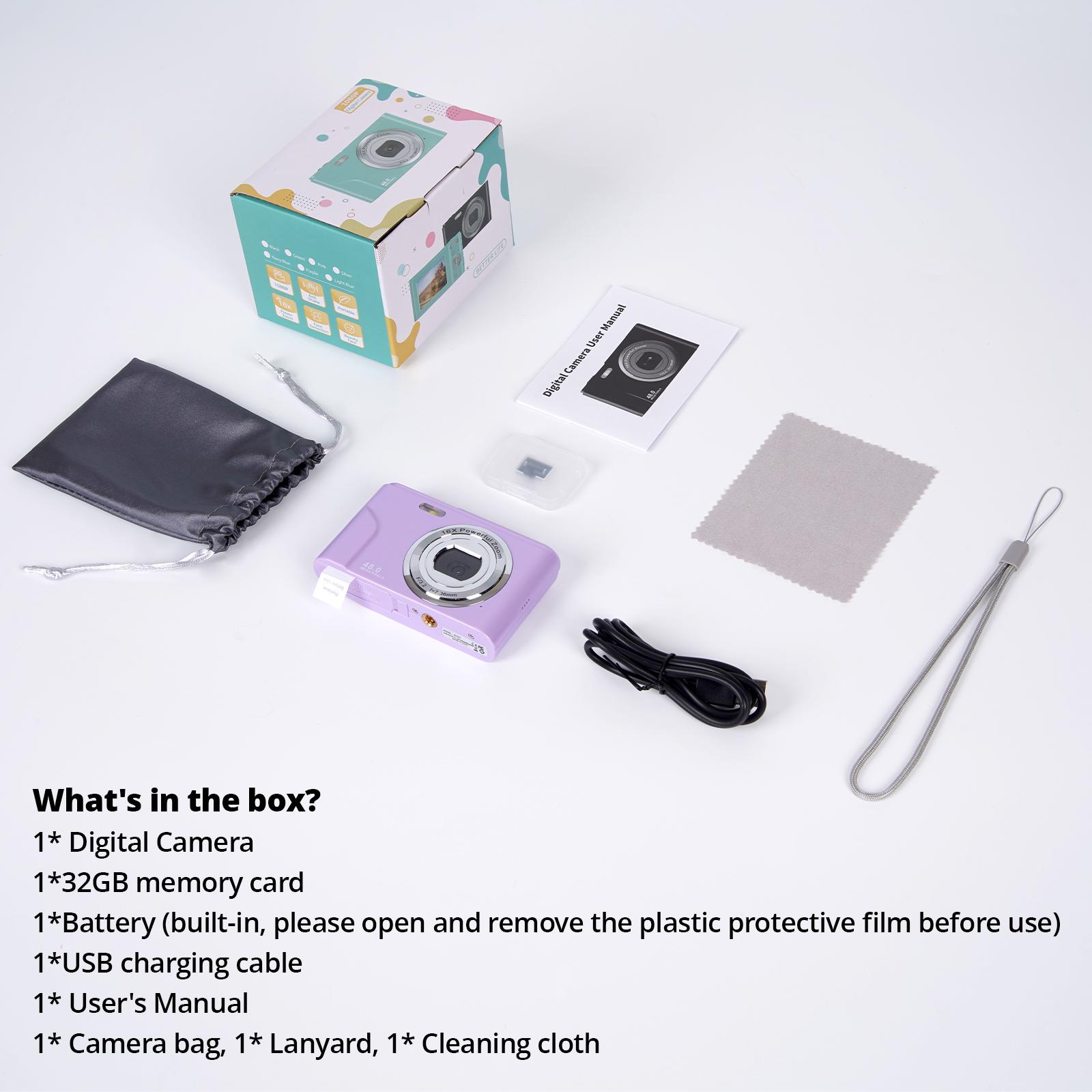 48MP 1080P Digital Camera, 1 Count 16X Digital Zoom Camera with 32G Memory Card, USB Rechargeable Auto Focus Camera, Point & Shoot Camera for Teenager Beginners, Rechargeable Portable Camera