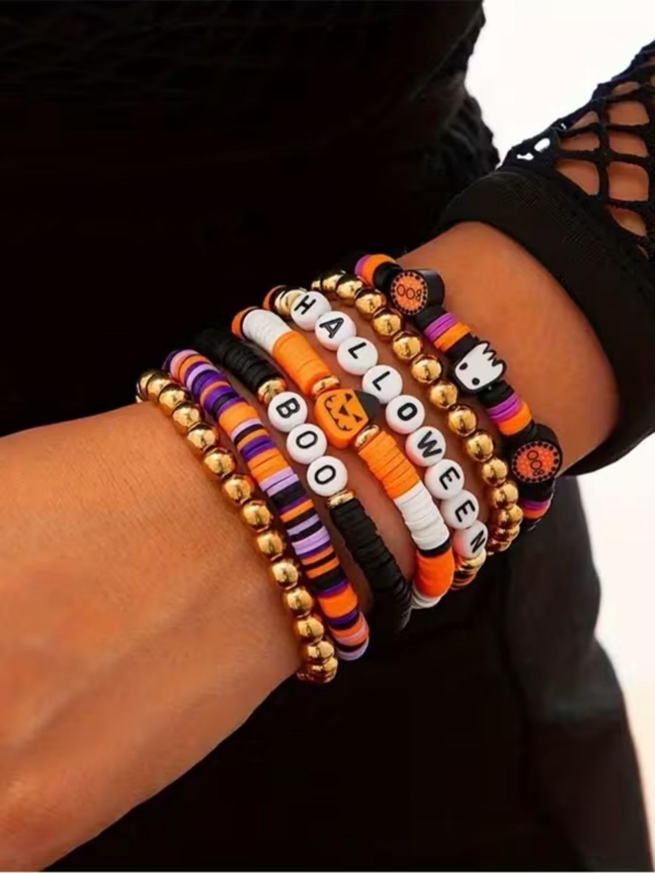 7pcs Halloween Themed Party Bracelets, Cool & Spicy Vintage Pumpkin Head Design, Polymer Clay Beaded Jewelry Set, Fashion Bracelet Sets, Perfect for Festive Events