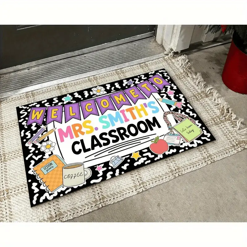 Flannel Floor Mat 1 piece personalized welcome teacher nameplate mat - durable, non-slip rubber base, colorful educational decoration suitable for Halloween, Christmas, Thanksgiving, and graduation season - hand-washable, special gift for teachers, non-wo