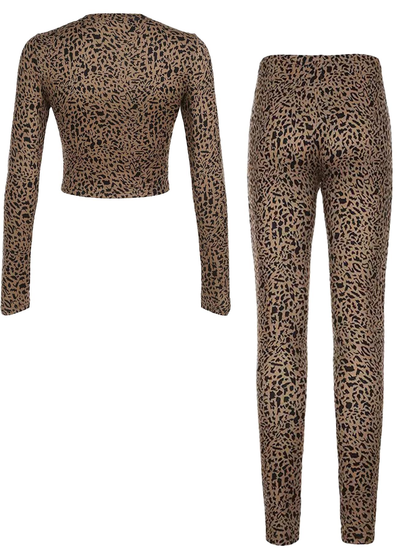 Women's Sexy Leopard Print Cardigan Set, Button Front Long Sleeve Crop Top & Elastic Waist Pants, Autumn Winter Fashion