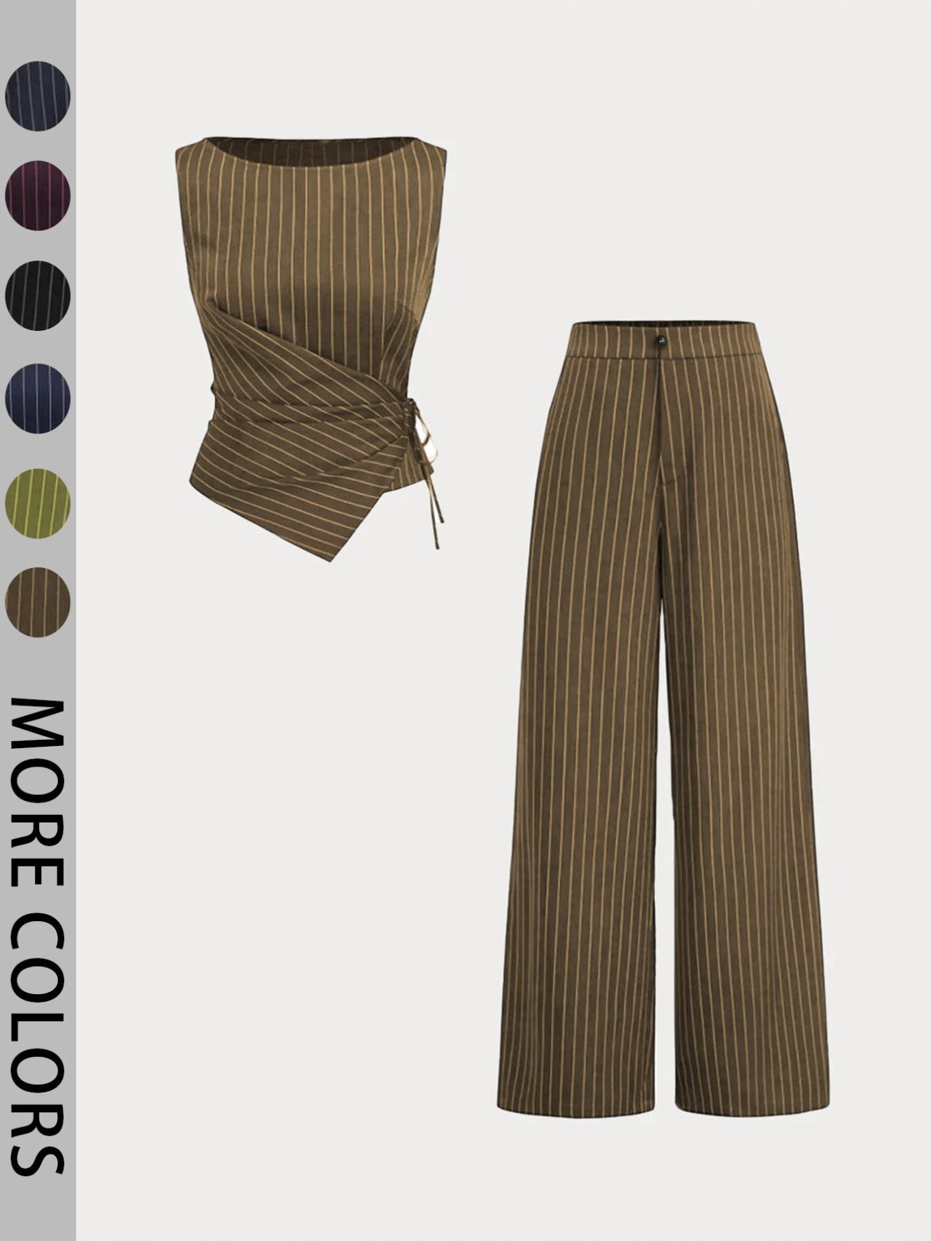 Women's Striped Strapless Tie-Back Vest Top and Straight Leg Pants Set, Corporate Outfits Women, Elegant Slim-Fitting Outer Vest Suit for All Seasons