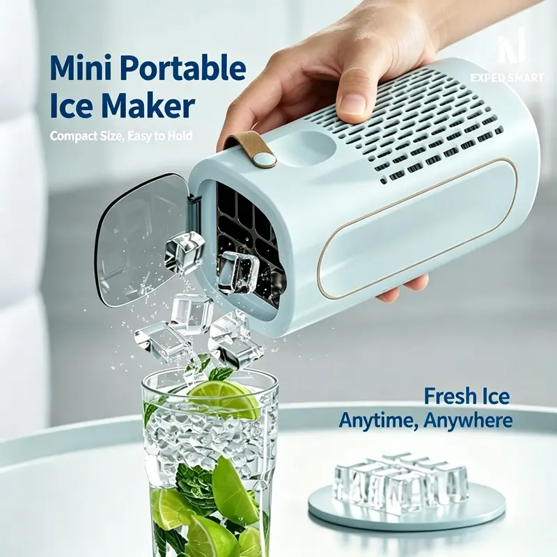 Mini Countertop Ice Maker - Portable Compact Machine with Carry Handle, 10 Square Ice Cubes Ready in 15-20 Mins, Quiet 1-Touch Operation for Home, Office, Camping