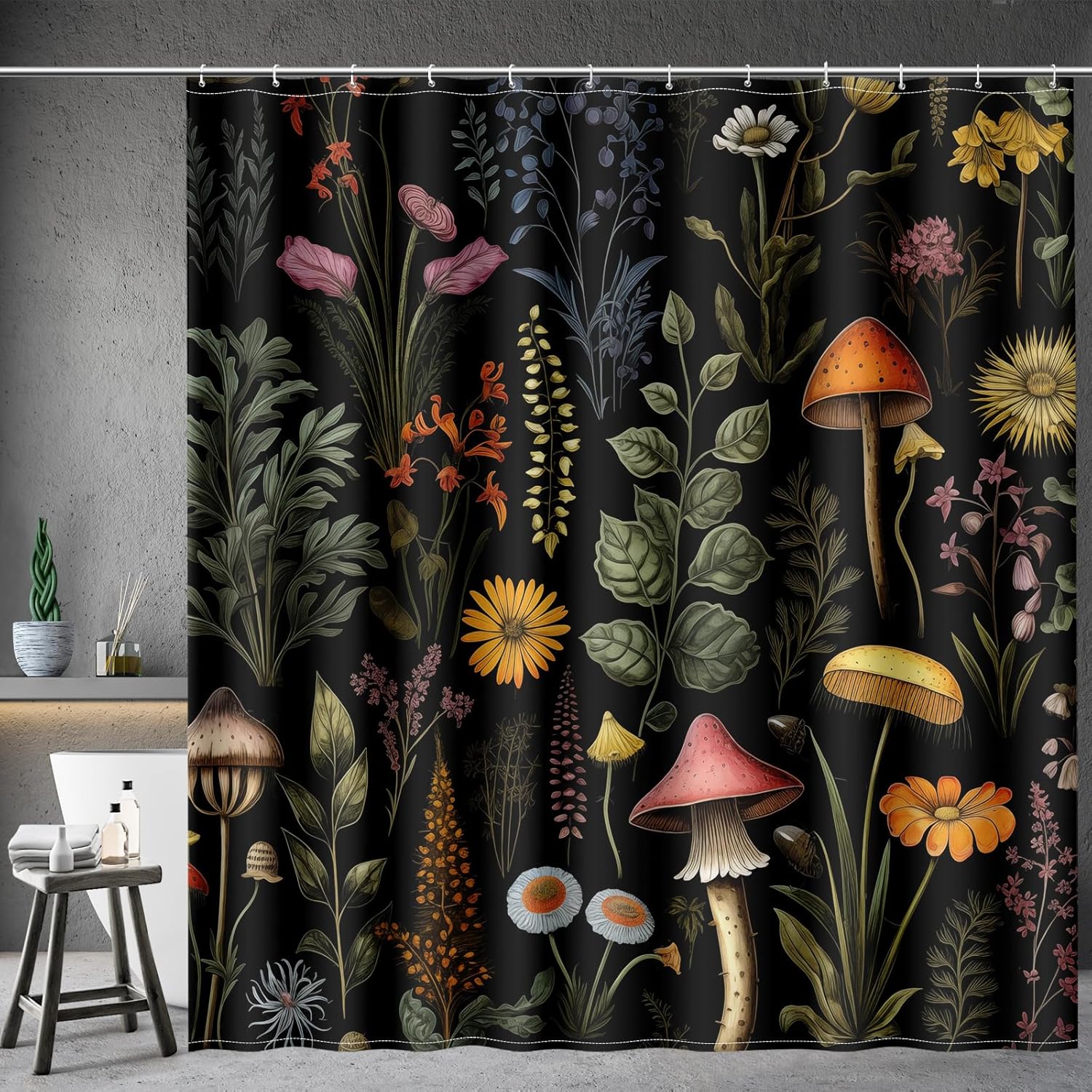 Vintage Dark Cottagecore Mushroom Shower Curtain - Retro Botanical Wildflower Print, Waterproof Fabric Curtain with 12 Hooks | Whimsical Gothic Bathroom Decor #showercurtain #mushroom #cottagecore #vintage #botanical #waterproofcurtain  #gothicdecor