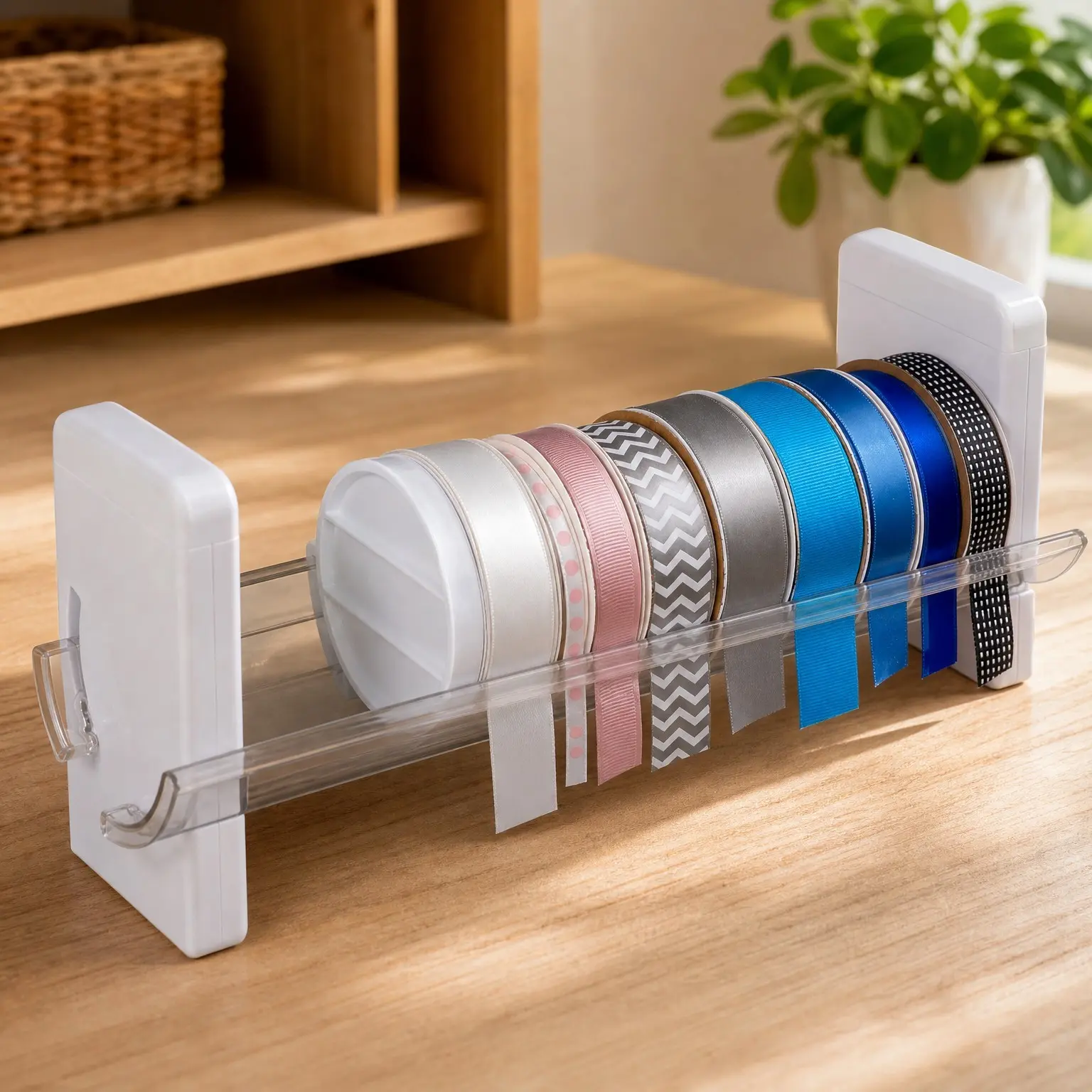 Ribbon Storage Rack and Spool Holder, White | Holds Ribbon Spools for Craft Rooms and Gift Wrapping, Wall or Table Use, Durable RackGift