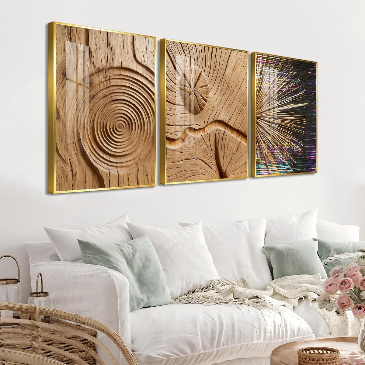 3 Counts Aluminum Alloy Framed Painting, Abstract Wood Texture And Light Burst Art, Home Decoration For Living Room, Bedroom, Office, Restaurant, Hallway Wall Decor, Odorless Print Artwork, Luxury Perfect Gift For Friends And Family