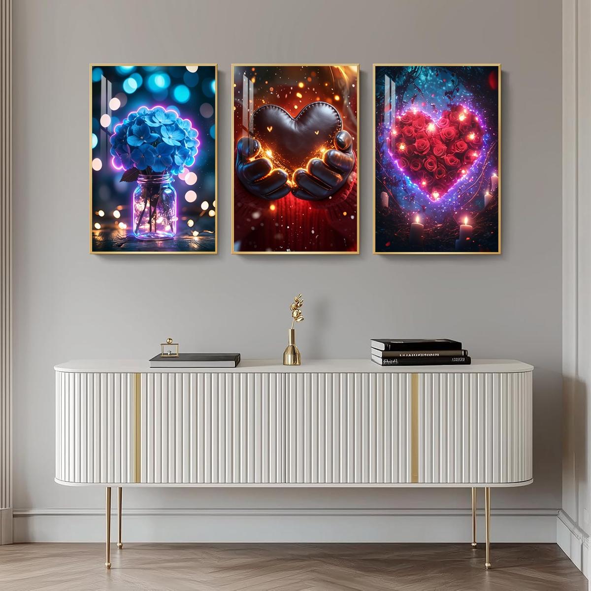 3 Counts Aluminum Alloy Framed Painting, Romantic Roses Hearts And Flowers Pictures, Home Decoration For Living Room, Bedroom, Office, Restaurant, Hallway Wall Decor, Odorless Print Artwork, Luxury Perfect Gift For Friends And Family