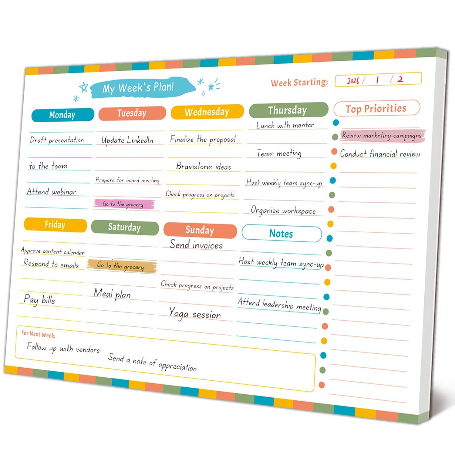 Undated Weekly Planner Notepad, Colorful to Do List Desk Pad, Top Priorities & Notes Section, Weekly Schedule Organizer for Office Home School