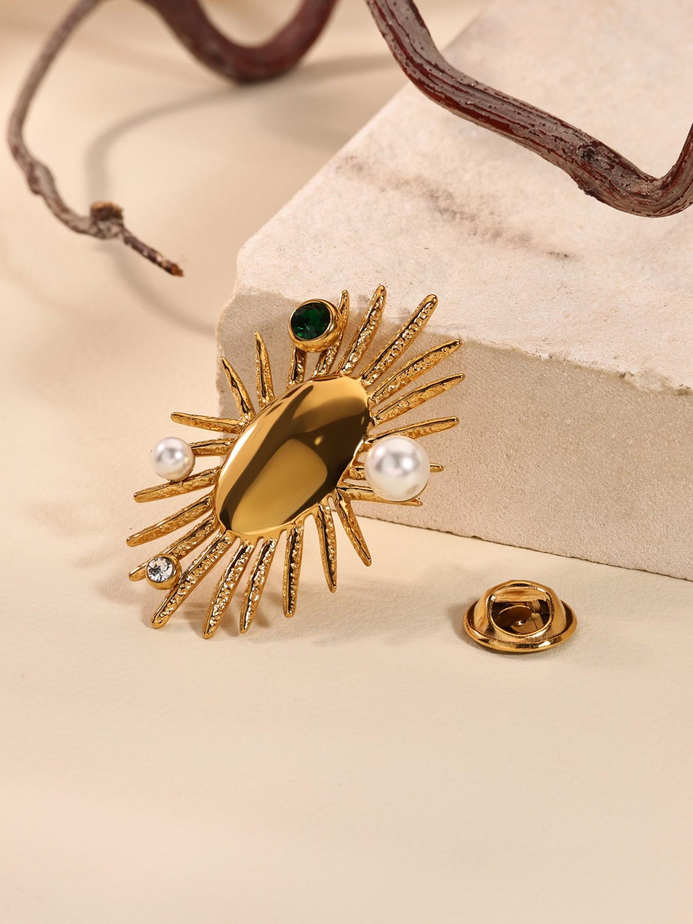 Elegant Pearl-Imitation Oval Sun Brooch, Stainless Steel Waterproof Pin, Perfect Gift for Birthdays, Parties, Weddings, Holidays