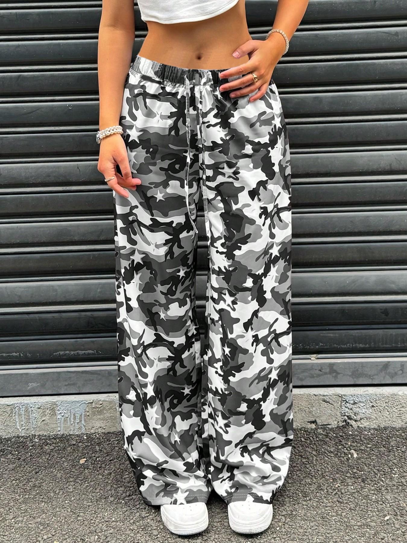 Trendy Camouflage Star Print Wide Leg Pants, High Waist Drawstring Elastic Waist Street Style, Multiple Colors Available