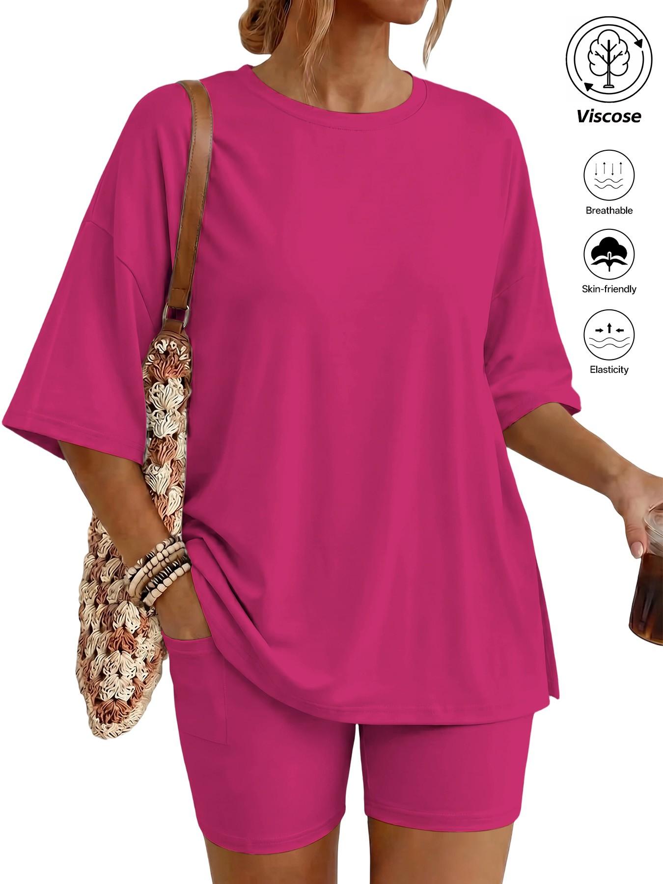 Women's Two Piece Lounge Set Matching, 2026 Summer Casual Basic Oversized Shirts & Biker Shorts, Fitted Plain Design, Perfect for Airport Travel Womenswear Clothes