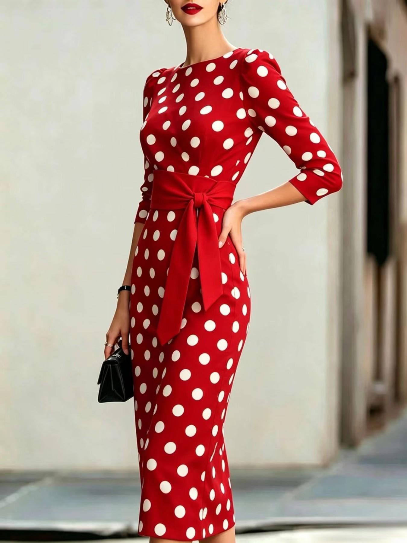 Women's Summer New Fashion Elegant Chic Polka Dot Bodycon Dress with Waist Belt, Stylish and Comfortable, Perfect for Daily Wear