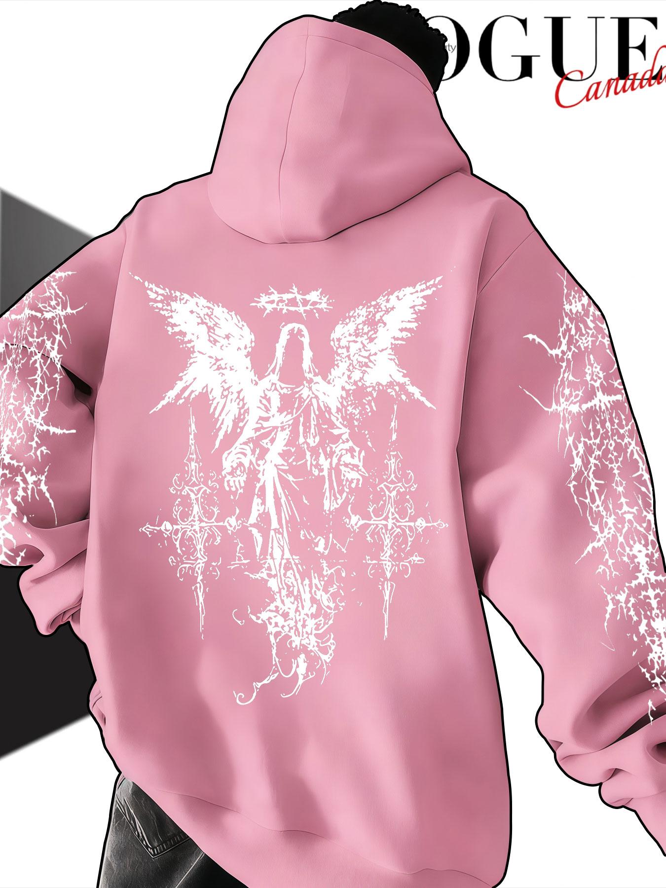 Men's Hooded Sweatshirt Fall Winter, Thorns Angel Cross Print, Gothic Style Loose Fit, Casual Random Pattern, Non-Outer Vest