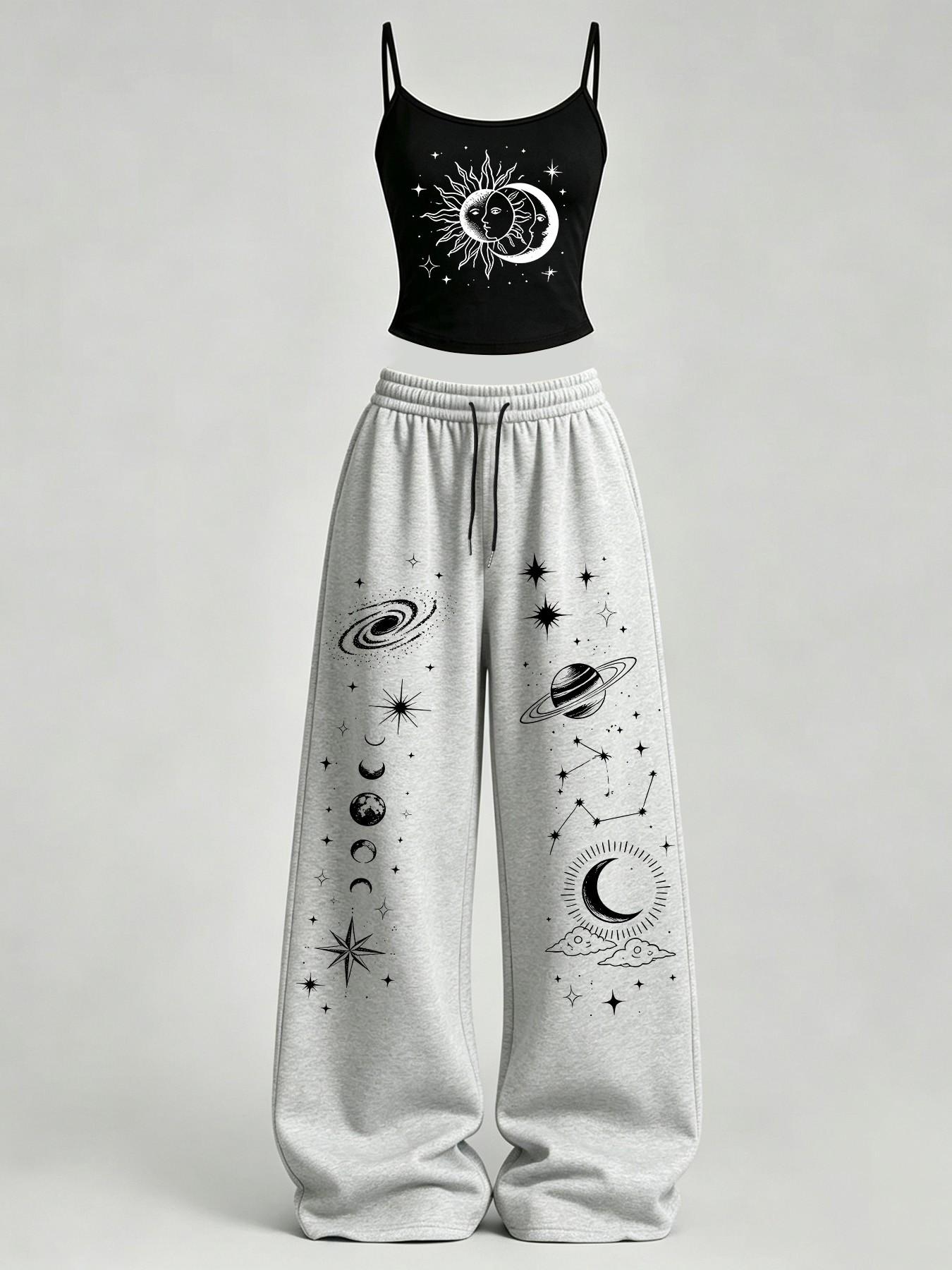 Women's Casual Tank Top Set, Sun Moon Star Print Slim Fit Vest + Loose Pants, Y2K Street Style, Daily Wear, Home Leisure, Clothes Women's Casual Tank Top Set, Sun Moon Star Print Slim Fit Vest + Loose Pants, Y2K Street Style, Daily Wear, Home Leisure, Clothes