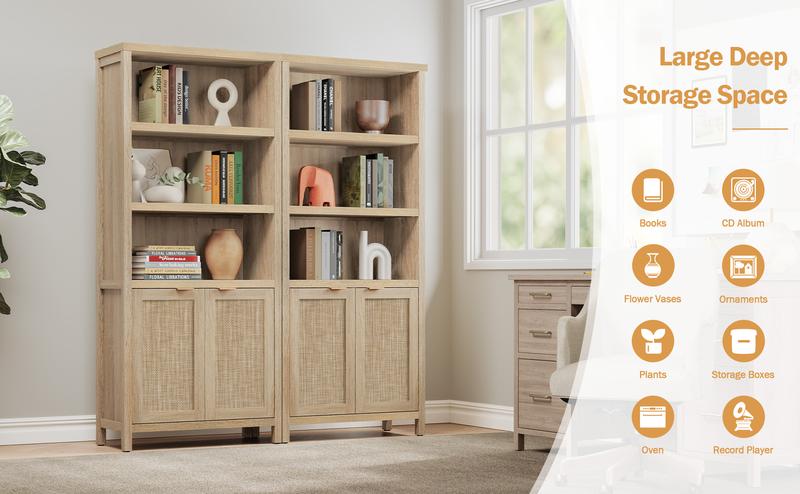SICOTAS Bookcase 5 Tier Bookshelf Rattan Boho Tall Book Case Shelf with Doors Storage  Large Bookcases Farmhouse Bookshelves Library Shelves for Living Room Bedroom Home Office Kitchen, Unique Boho Style, Ample Storage Space