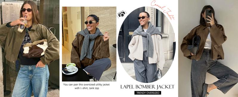 SHEEN Women's Faux Suede Jacket -2026 Spring/Autumn Vintage Solid-Color Collared Zip-Up Long-Sleeve, Loose Batwing Sleeve with Epaulets Bomber Warm Outerwear, Basic Top