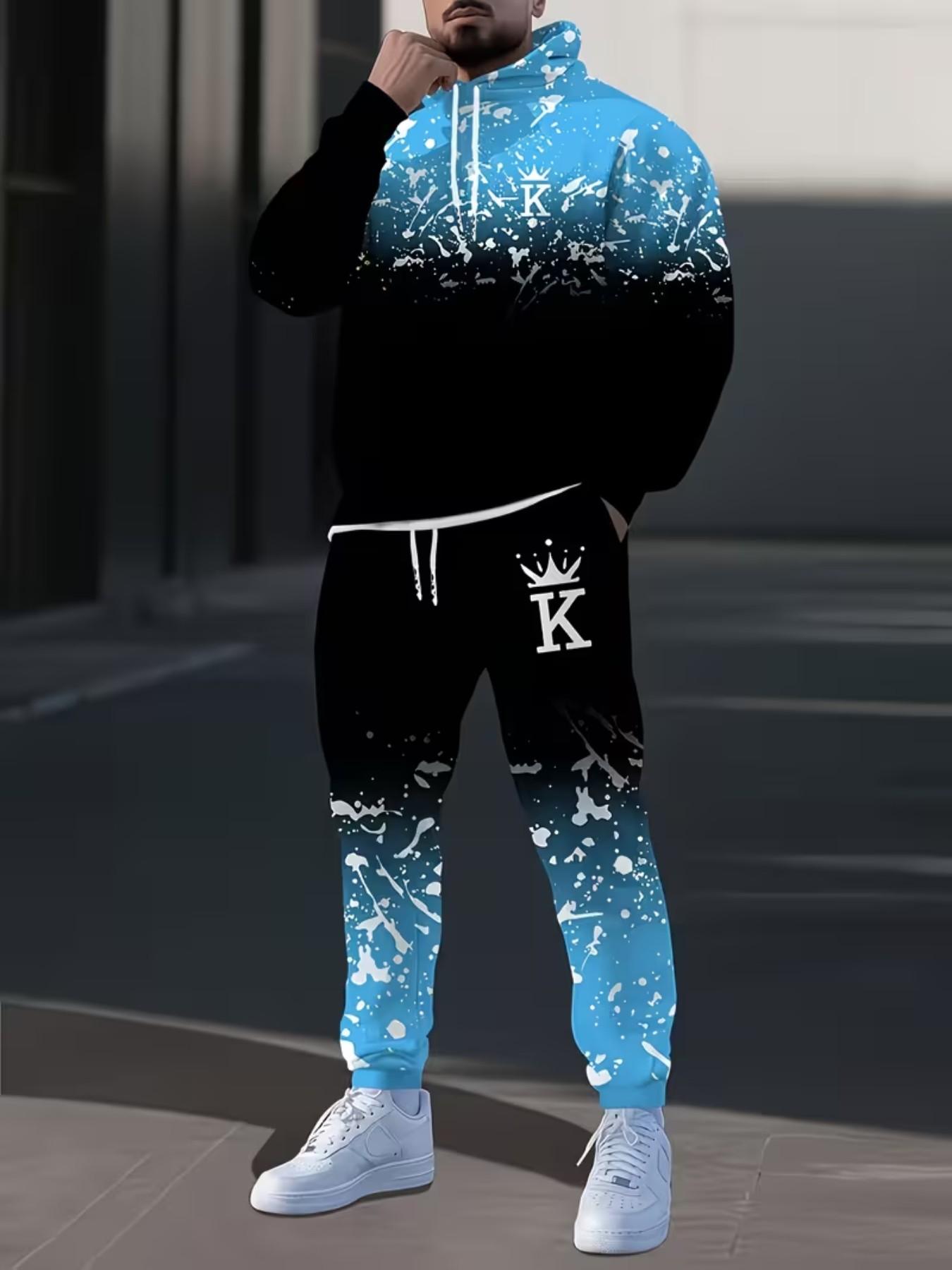 Men's 3D Digital Print Gradient Hoodie Set, Loose-Fit Long Sleeve Sweatshirt and Pants, Casual All-Season, Perfect Gift, Hooded Sweatshirt Set, Menswear