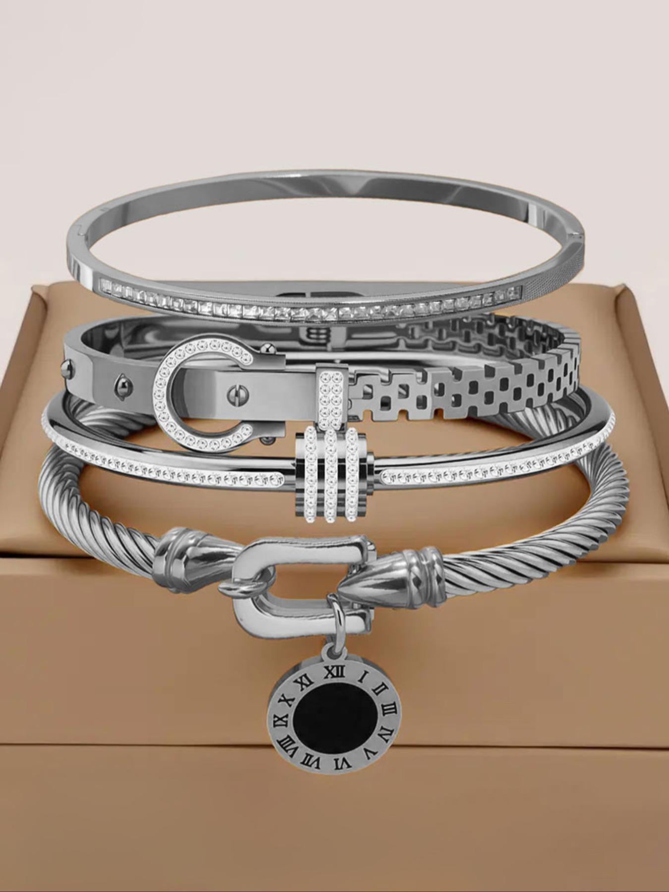 4-Piece Luxury Stainless Steel High Quality Bracelet Set, Women's Gold-plated Rhinestone Decorative Stackable Bracelets, Classic Wrist Accessory, Perfect Exquisite Holiday Gift