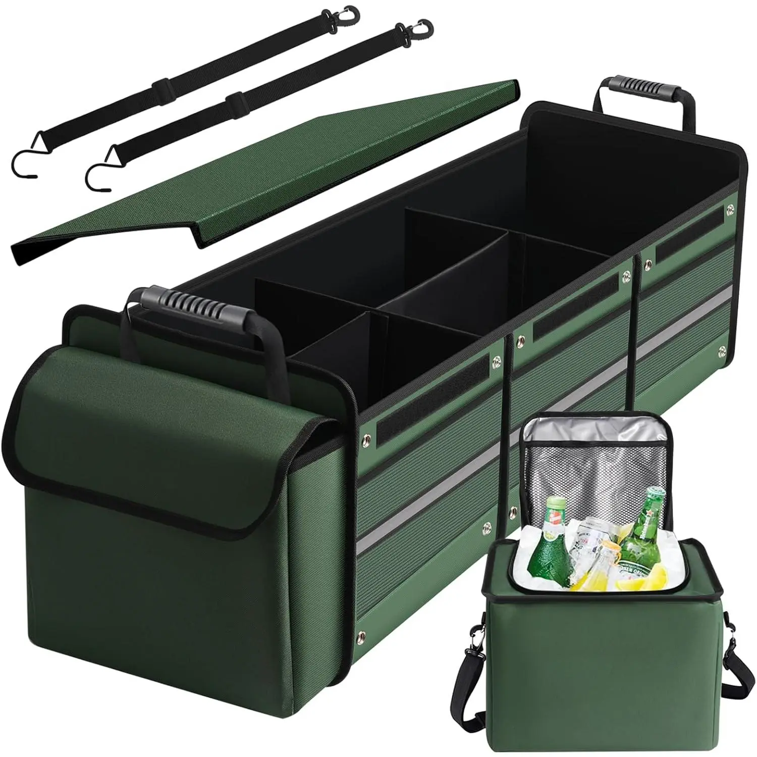 115L Heavy‑Duty Collapsible Green Trunk Organizer, Insulated Leakproof Cooler Bag with Lid, 3 Compartments with Straps for Car SUV Jeep Sedan