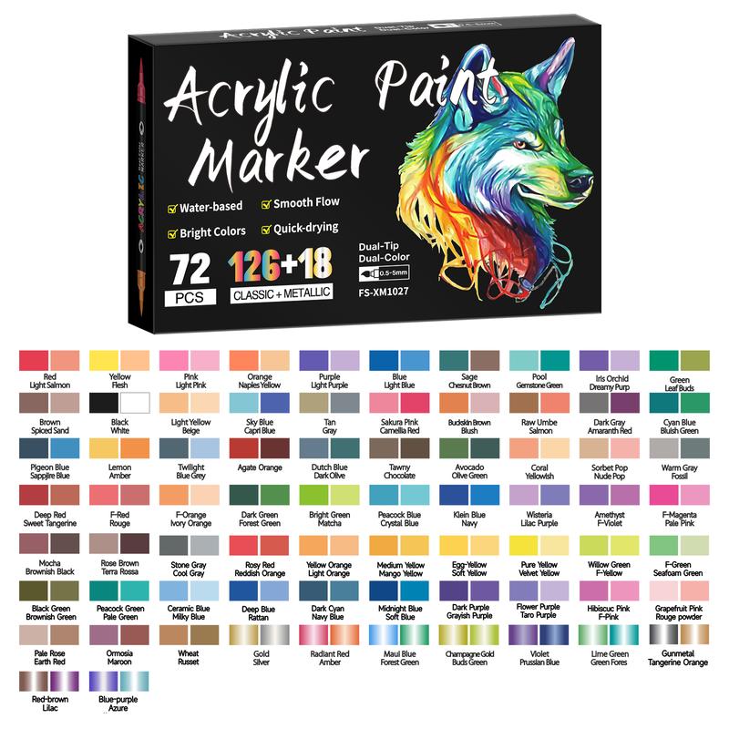 Acrylic Paint Markers, Dual tips Dual Color 24/48/72/144 Colors,Acrylic Paint Pens for Rock Painting, Canvas, Wood, Glass, Ceramic, Fabric, Plastic, Egg & Scrapbook. Soft Brush Tips Paint Pens and Paint Markers, Art Marker Set, Art Craft Supplies