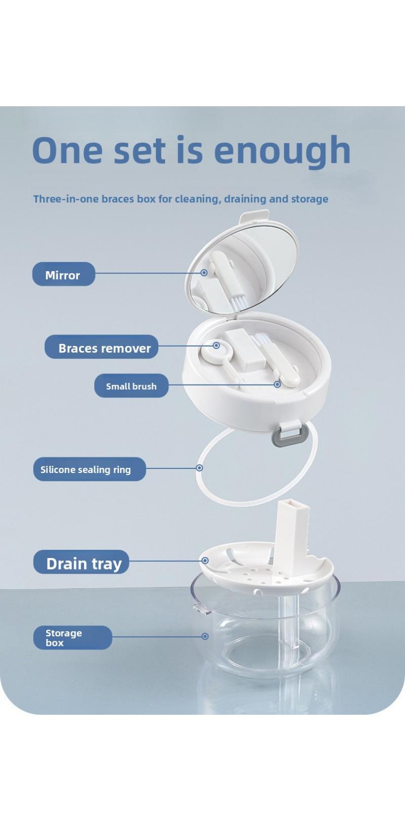 3-in-1 Dental Care System ABS Oral Retainer Case - Lightweight Compact Bathroom Tumbler with Top Handle, Mirror, Cleaning Brush, Auto-Rising Aligner Bath, Strainer Basket for Easy Rinsing, Travel & Daily Use (Dental Accessories)