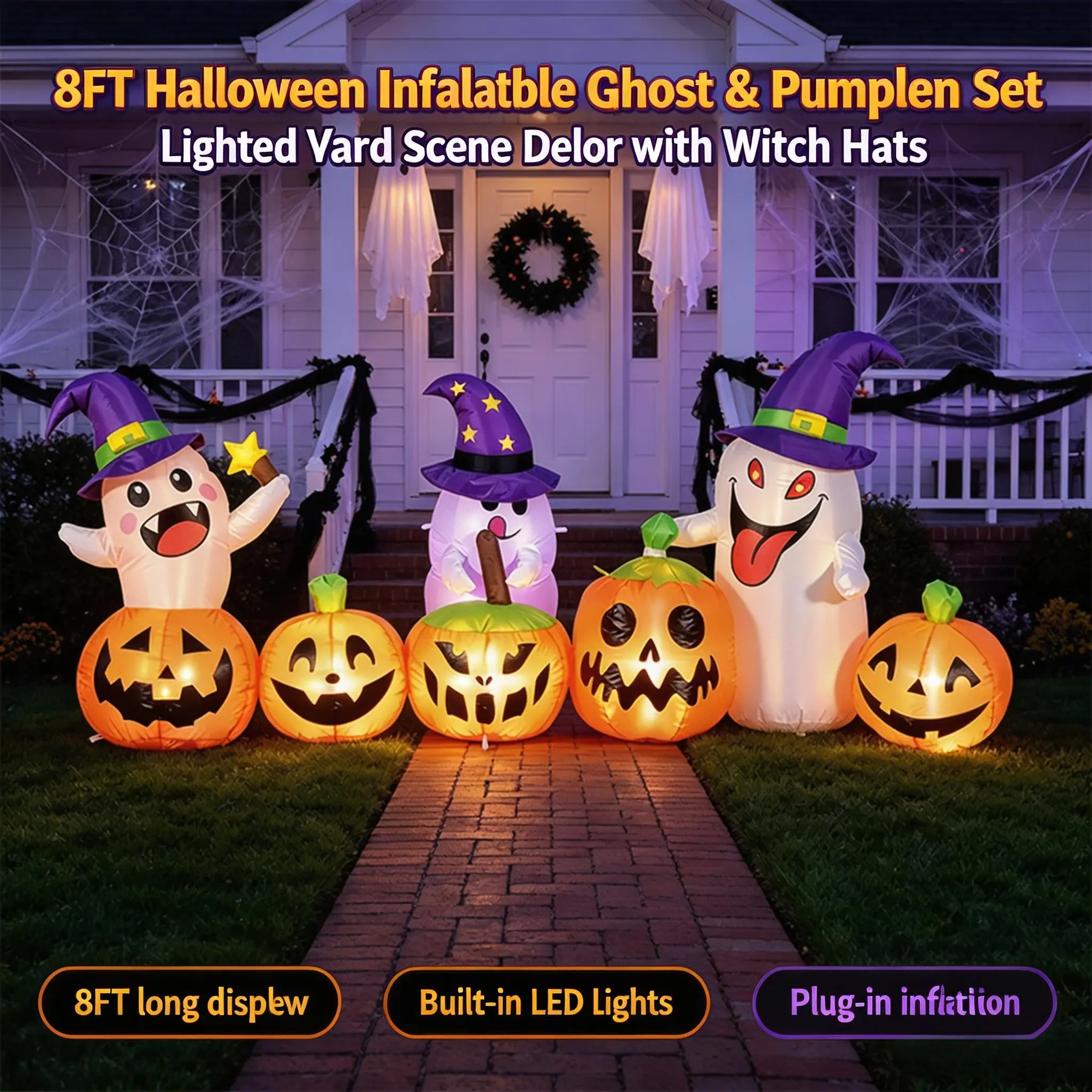 8FT Halloween Inflatable Ghost Pumpkin Set - Plug-in Light-Up Polyester Decor with Witch Hat Ghosts, Outdoor Yd Lawn Porch Holiday Party Ornaments, 2026 Festive Home Decor Figures, Led Lights, Ghost Figures