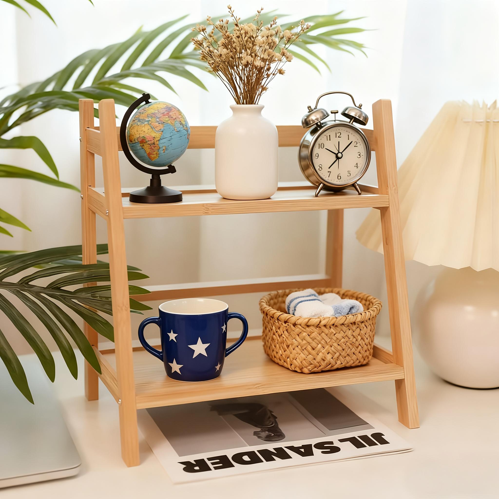 A 2-tier trapezoid cup holder/storage rack, a desktop easy-to-use multifunctional household cup storage bamboo cup rack, with natural wood surface treatment, easy to assemble, suitable for kitchen, dining room, office storage, multifunctional storage rack
