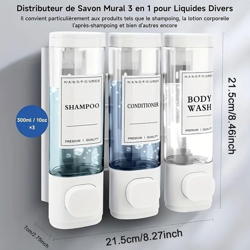 3-In-1 Square Shower Dispenser, Wall-Mounted Shampoo, Conditioner, Soap Dispenser, No Drilling, Bathroom & Hotel Use, Stylish Triple Organizer