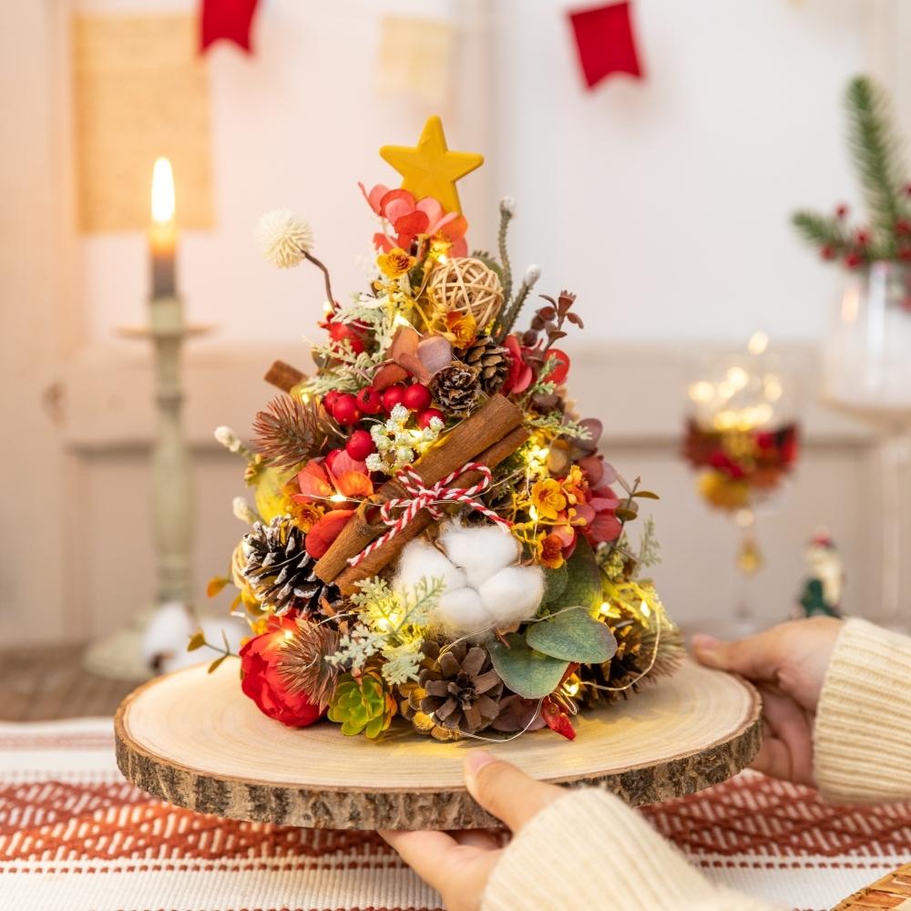 Fall Vintage Artificial Christmas Tree Ornament, Artificial Flowers with Wooden Base, Christmas Decor, Fake Plants, Home Room Office Decor, for Holiday Autumn Thanksgiving Christmas Party Decor, Coffee Shop Atmosphere Decor, Does not include light strings