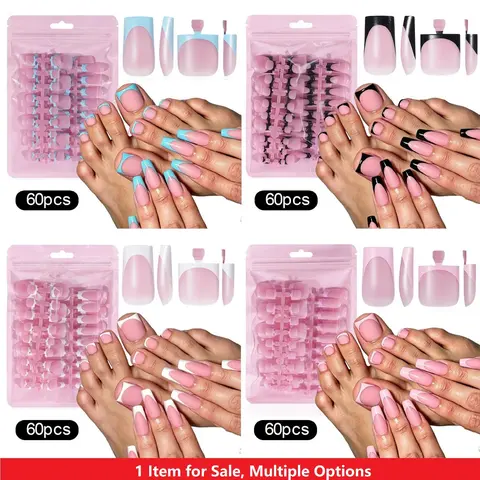 60Pcs Black Pink French Tip Press on Nails & Press on Toenails Set, Square Press on Nails Medium Fake Nails Black French Press on Toenails Full Cover Stick on Press ons for Women Press on Sets