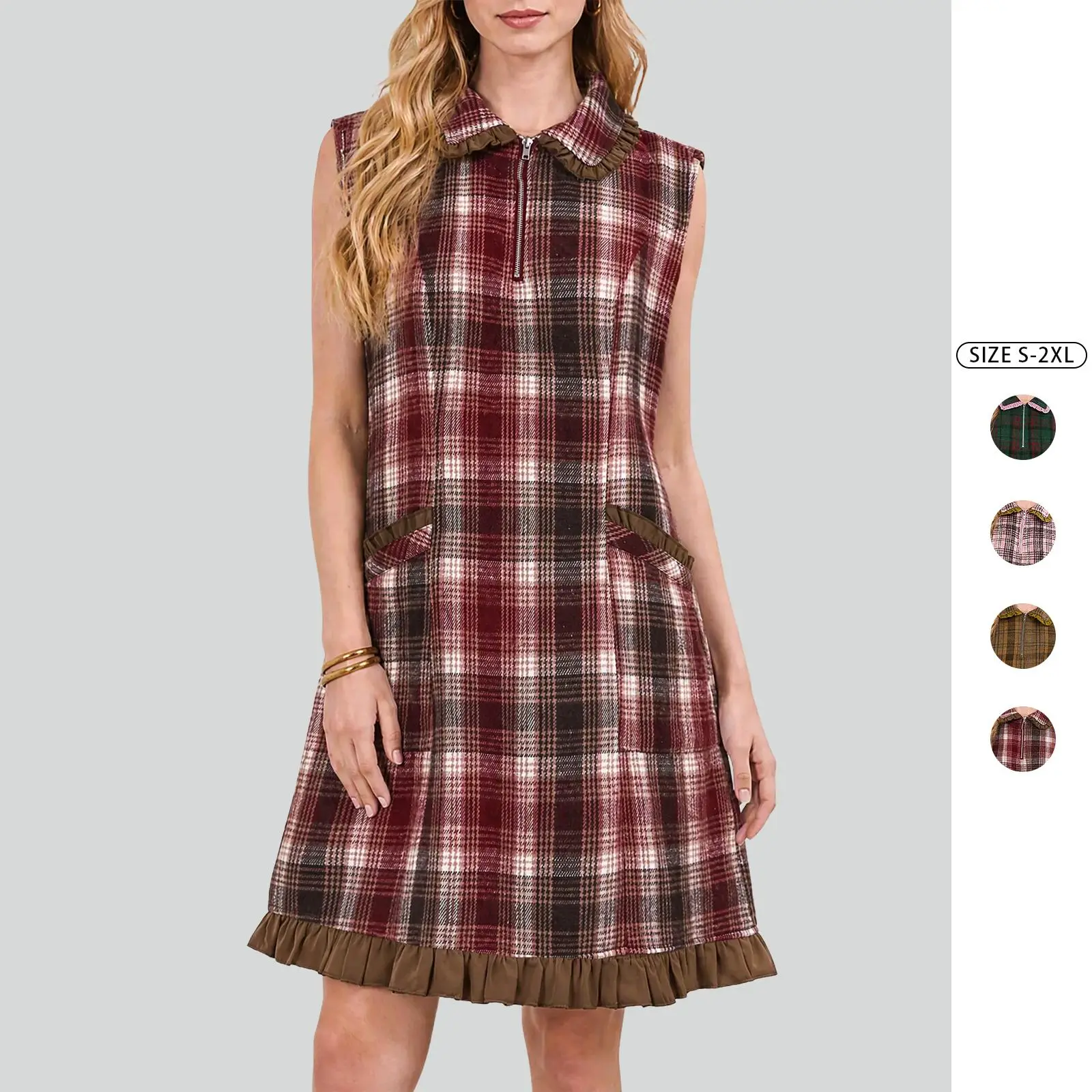 Women Plaid Sleeveless Mini Dress Collar Ruffle Trim Half Zip Front A Line Tank Dress With Pockets Casual Autumn Wool Blend Vest Dress