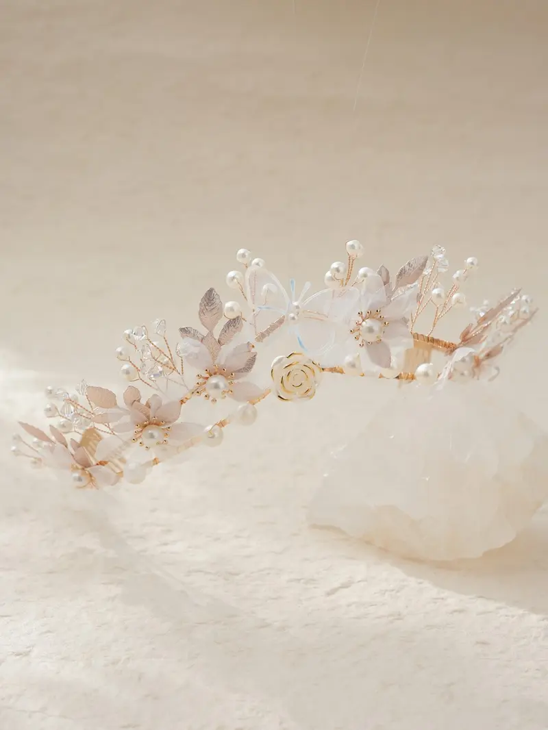 Elegant Butterfly Floral Bridal Crown, Romantic Pearl Rhinestone Wedding Headpiece, Korean Handmade Wedding Dress Accessory