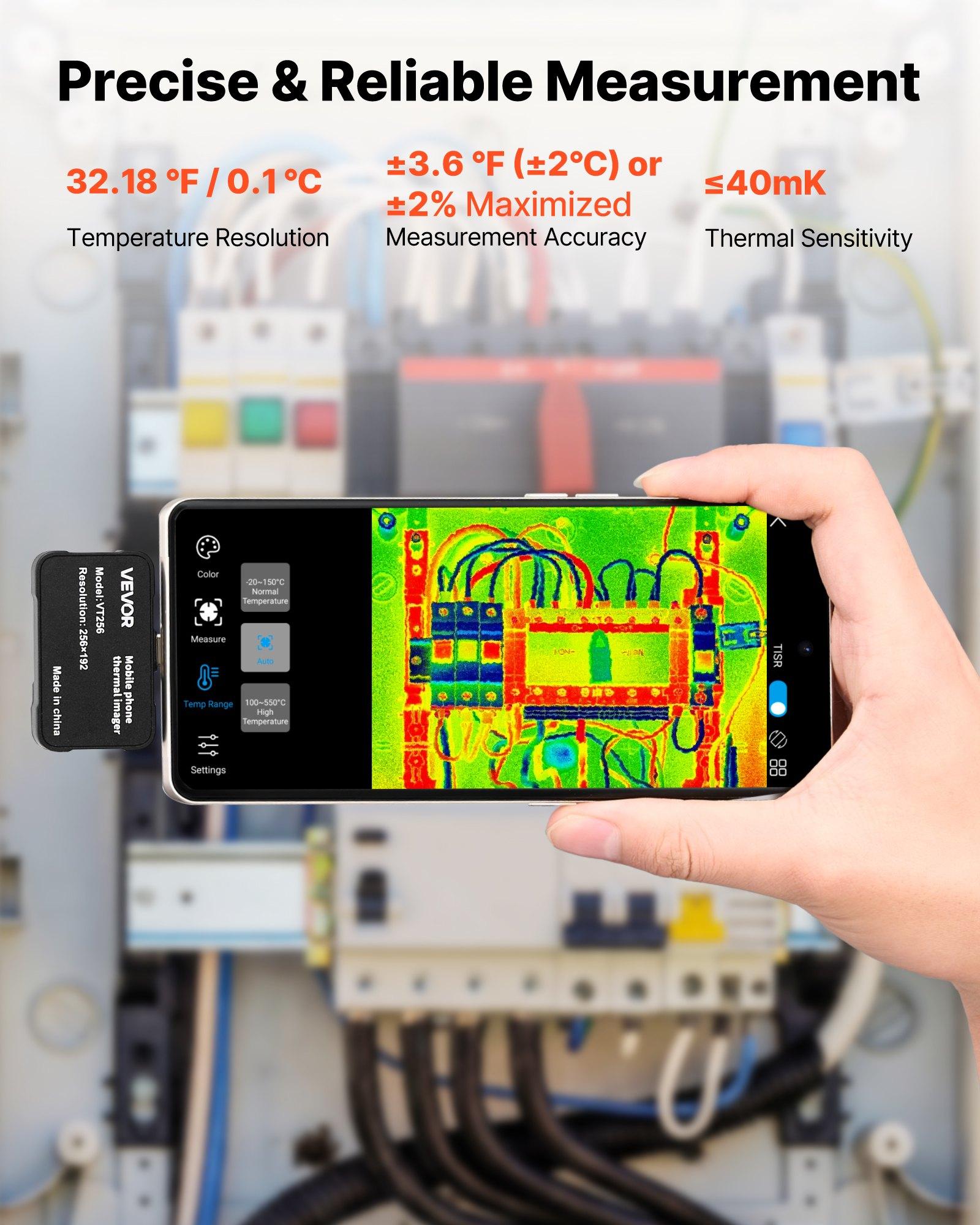 VEVOR Thermal Imaging Camera for Android & iOS Smartphones/Tablets, 512x384 Super Resolution, 25 Hz Refresh Rate, -4°F to 1022°F Range, 6 Color Palettes, Accurate Measurement for Automotive Diagnostics, 256 X 192, 25Hz Refresh Rate, -20°C To 550°C, ≤40 Mk