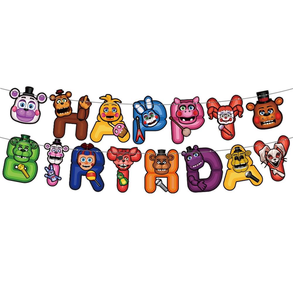 New popular FNAF Party Supplies Full Kit - FNAF Series Character Printed Balloons, Cake Insert Toppers and Happy Birthday Hanging Banner for Horror Game Themed Birthday Celebrations