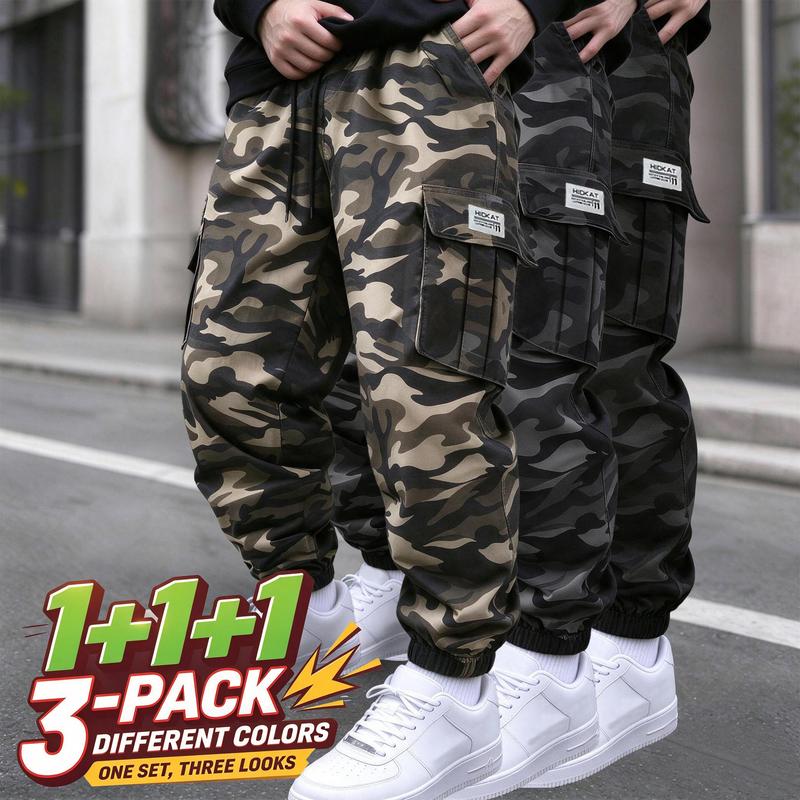 Men's 3-Pack Camouflage Work Pants, Lightweight Breathable Polyester Casual Joggers, Elastic Drawstring Waist, Cover Pockets, Durable for Hiking, Camping, Daily Outdoor Use