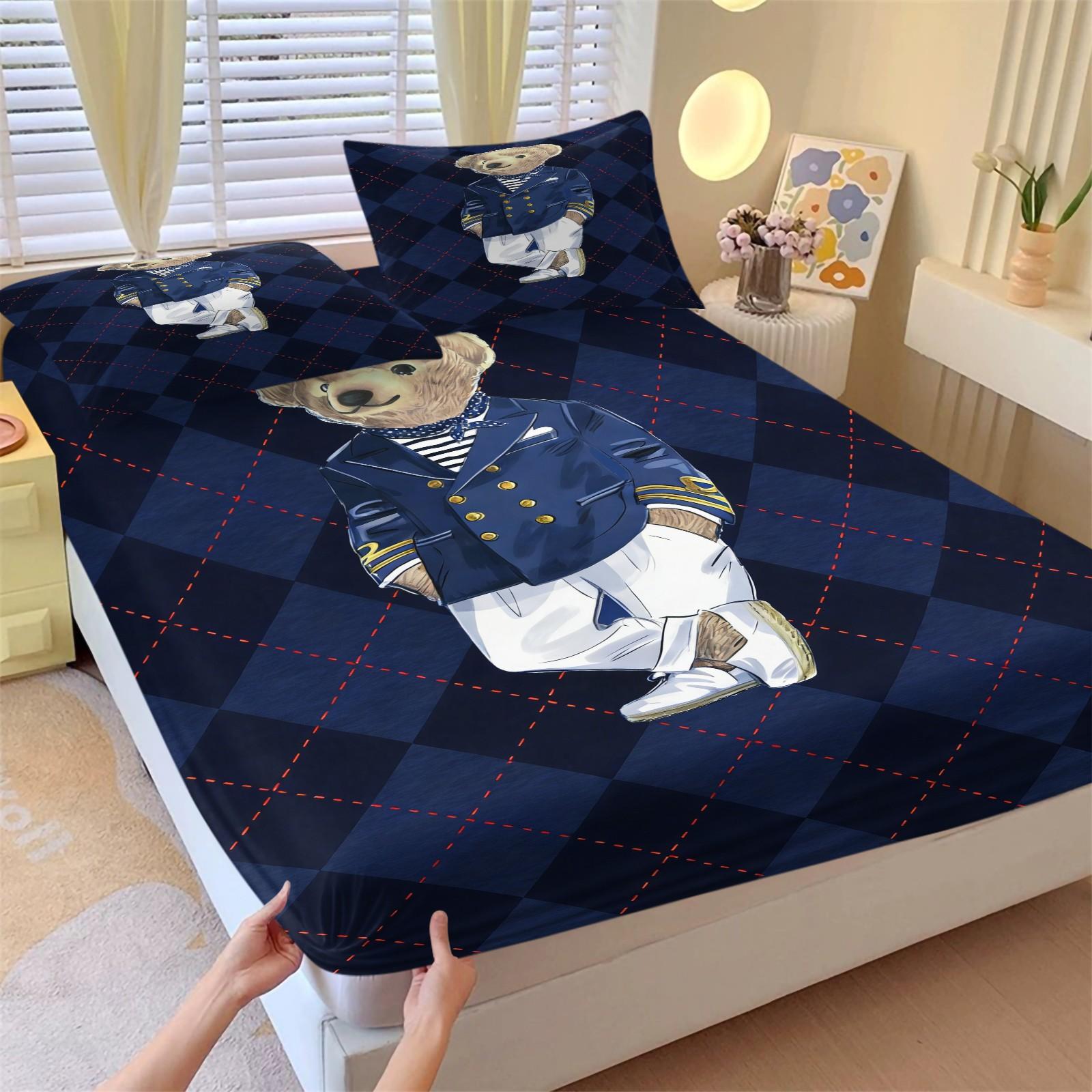 Teddy Bear Pattern Bed Sheet, Comfortable Printed Pattern, Includes 1 Bed Sheet and 2 Pillowcases, Comfortable Bedding, Non slip Dust Cover Suitable for Bedroom and Guest Room, Suitable as a Gift for Children or Adults, Bed Sheets Set