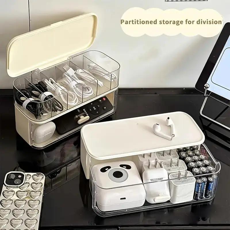 Double-Layer Transparent Desk Cable Organizer Box - Compact Wire/Charger Storage for Home & Office, Adjustable Dividers + Cable Management Pouch, Sturdy Workspace Organizer, Office Supplies, Cord Organizer