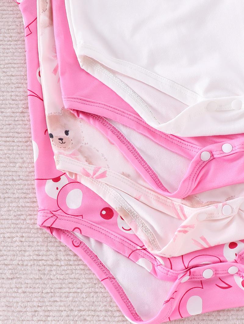 Baby Girls' Soft Comfortable Cartoon Bear & Bow Print Long Sleeve Onesies Set, Cute Sweet Fitted Above the Knee, 4 Pieces Baby Clothes Girl Spring Summer Fall Winter