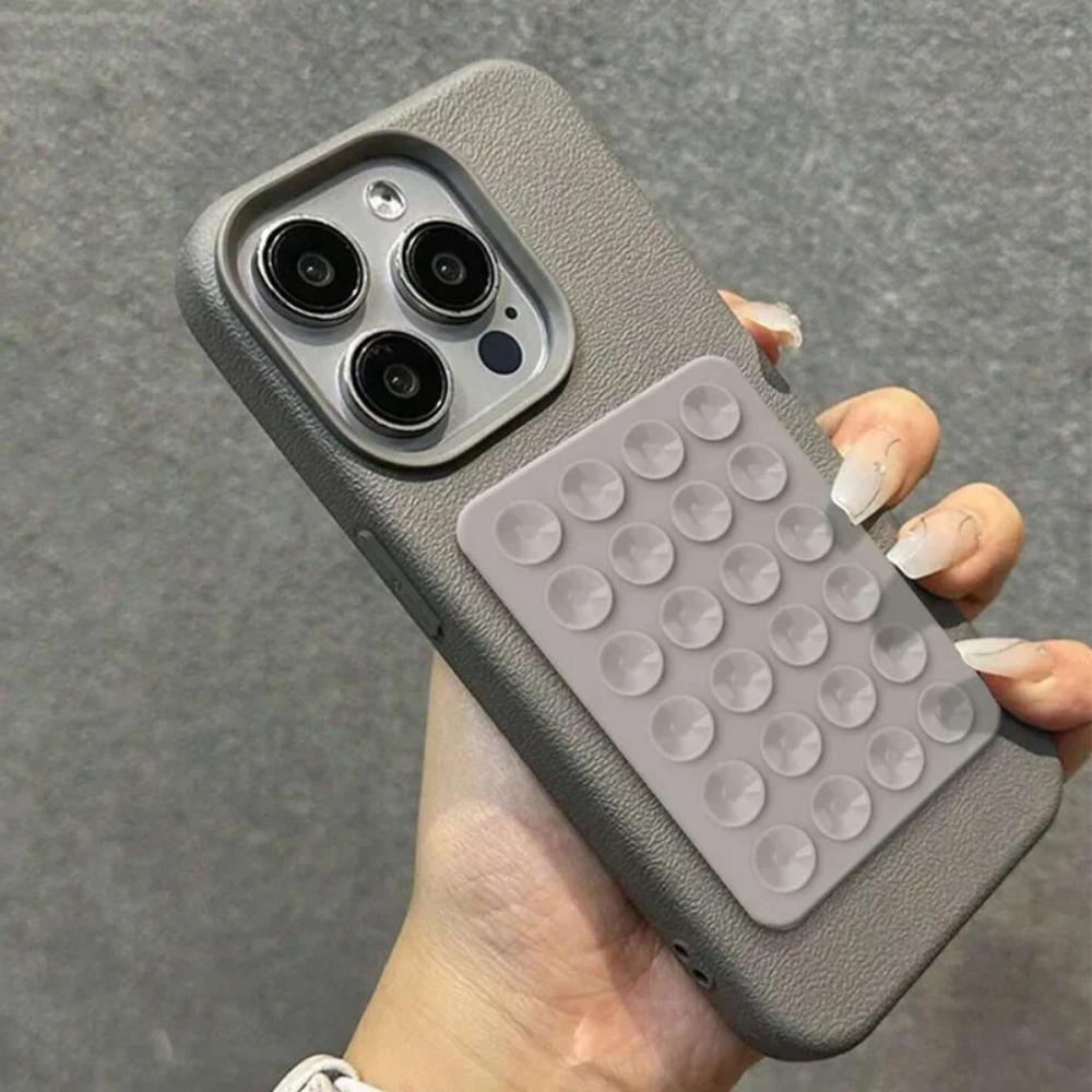 Minimalist Solid-Color Suction Cup Stand Leather-Textured Phone Case Cover Casing For iPhone 17 16 15 14 Plus 13 12 Pro Max 11 XS XR XS Max Shockproof Protective Case Accessories