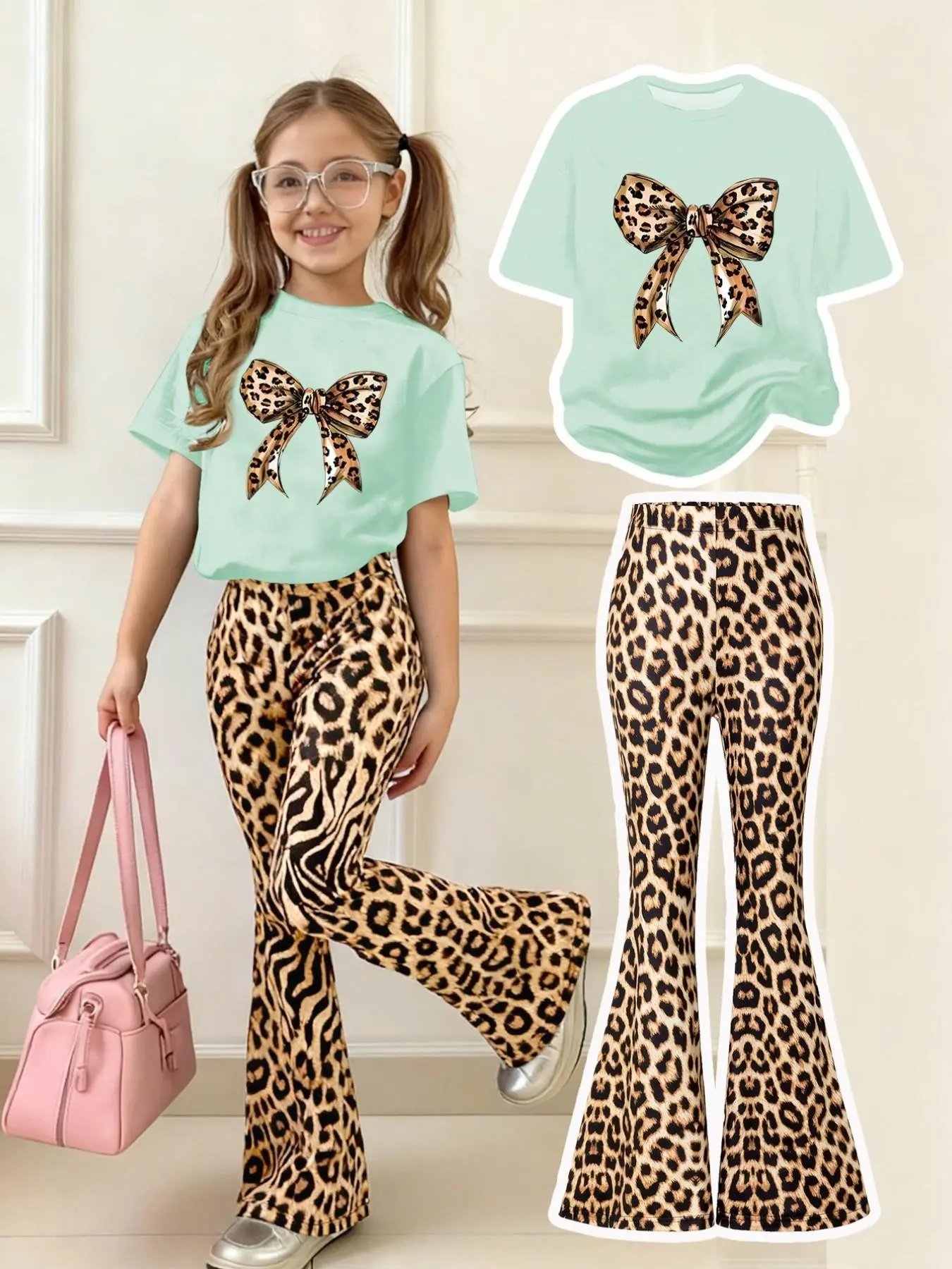 Girls' 2-Piece Leopard Print Set, Casual Loose-Fit T-Shirt & Pants, Summer, Ideal for Outdoor Activities, Summer Outfits Set