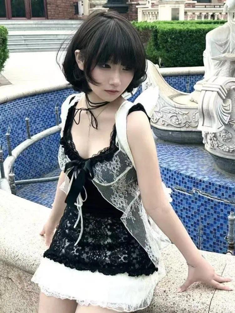 French Elegant Kawaii Aesthetic Lolita Dress Women Retro Japanese Style Ruffle Cake Bow Bandage Slim Y2K Outfit Trend Fashion