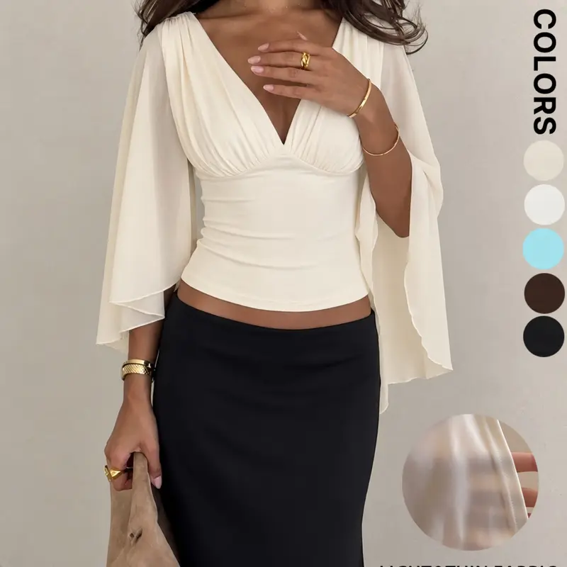 Elegant Cape Sleeve Ruched V-Neck Top, Flared Sleeve Design, Chic Y2K Party Evening Top