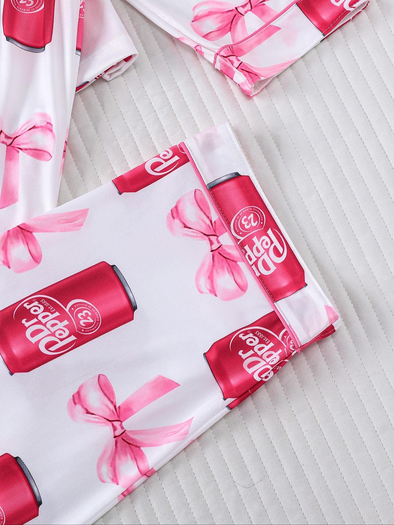 Dr Pepper,Women's Fall Winter Home Set, Soda Pattern Printed Sleepwear, Shirt Collar Button Long Sleeve Top and Loose Elastic Pants, Pajama Set