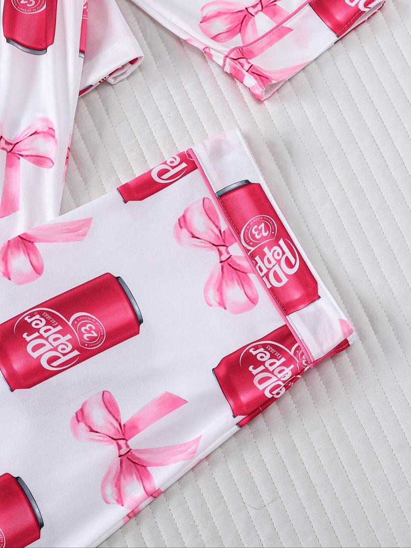 Dr Pepper,Women's Fall Winter Home Set, Soda Pattern Printed Sleepwear, Shirt Collar Button Long Sleeve Top and Loose Elastic Pants, Pajama Set