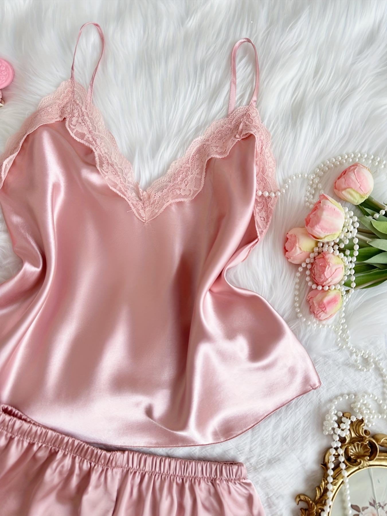 Luxurious Contrast Lace Satin Woven Fitted Pajama Set, Elegant Sleep & Leisure Wear, Comfortable Women's Nightwear, Stylish Design, Lingerie, Womenswear